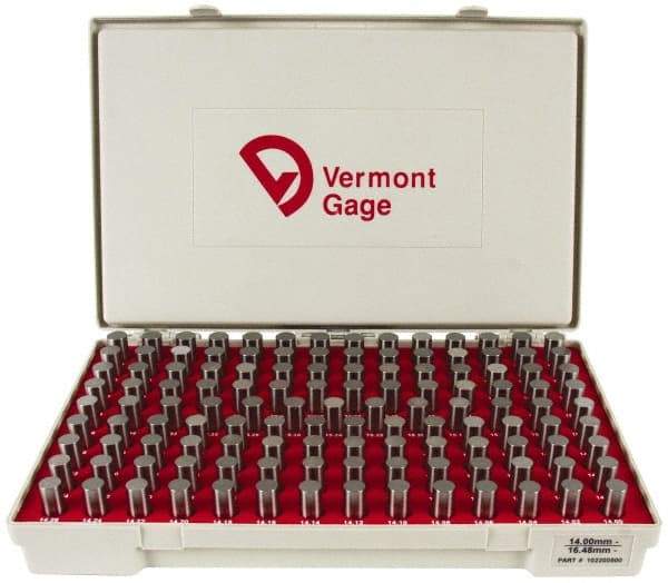 Vermont Gage - 125 Piece, 14-16.48 mm Diameter Plug and Pin Gage Set - Minus 0.01 mm Tolerance, Class ZZ - Benchmark Tooling