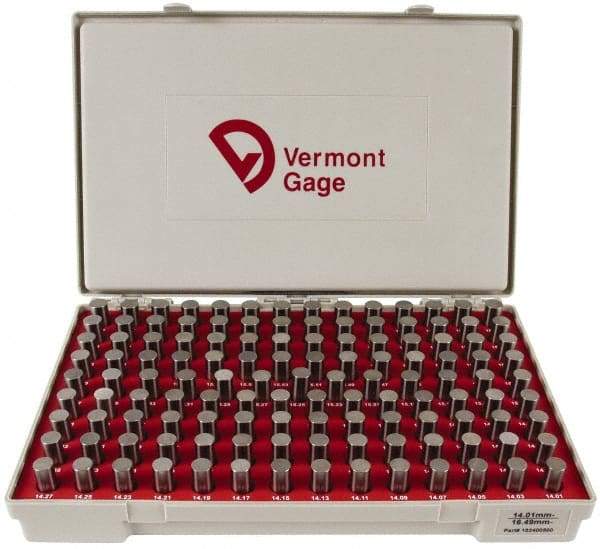 Vermont Gage - 125 Piece, 14.01-16.49 mm Diameter Plug and Pin Gage Set - Minus 0.01 mm Tolerance, Class ZZ - Benchmark Tooling