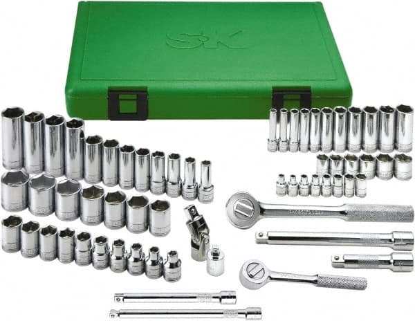 SK - 62 Piece 1/4 & 3/8" Drive Standard Deep Socket Set - 6 Points, 5.5 to 13mm, Metric Measurement Standard - Benchmark Tooling