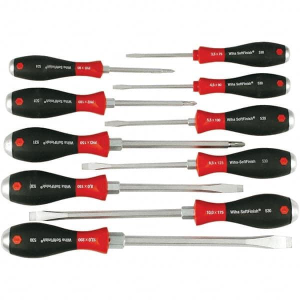 Wiha - 10 Piece Slotted & Phillips Screwdriver Set - Bit Sizes: Philips #1, #2 & #3, Comes in Box - Benchmark Tooling