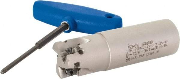 Iscar - 1-1/4" Cut Diam, 0.472" Max Depth of Cut, 1-1/4" Shank Diam, 4-1/4" OAL, Indexable Square Shoulder Helical End Mill - H490 AN.X 12 Inserts, Weldon Shank, 90° Lead Angle, Through Coolant, Series Helido - Benchmark Tooling