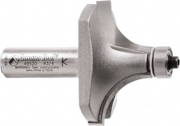 Amana Tool - 2" Cut Diam, 1" Length of Cut, 2 Flute Round-Over Edge Profile Router Bit - Carbide-Tipped, 1/2" Shank Diam, 2-7/8" OAL, Uncoated - Benchmark Tooling