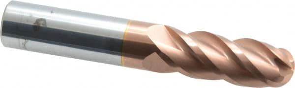 ProMax - 1/2" Diam, 1" LOC, 4 Flute Solid Carbide Ball End Mill - TiCN Finish, Single End, 3" OAL, 1/2" Shank Diam, Spiral Flute - Benchmark Tooling