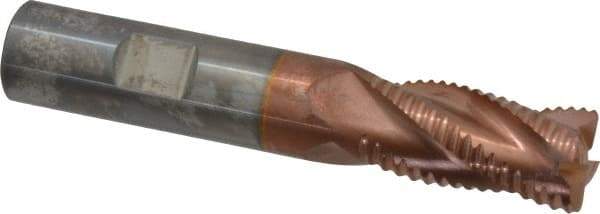 ProMax - 5/8" Diam, Coarse Pitch, 1-1/4" LOC, 4 Flute Solid Carbide 0.055-0.065" Corner Radius Roughing End Mill - TiCN Finish, 3-1/2" OAL, 5/8" Shank Diam, Single End, Centercutting, 30° Helix - Benchmark Tooling