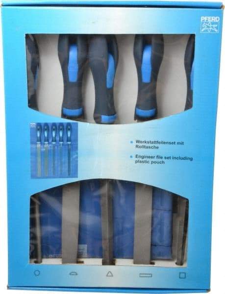PFERD - 5 Piece American Pattern File Set - 8" Long, Second Coarseness, Ergonomic Handle, Set Includes Hand, Three Square, Square, Round, Tapered Half Round - Benchmark Tooling