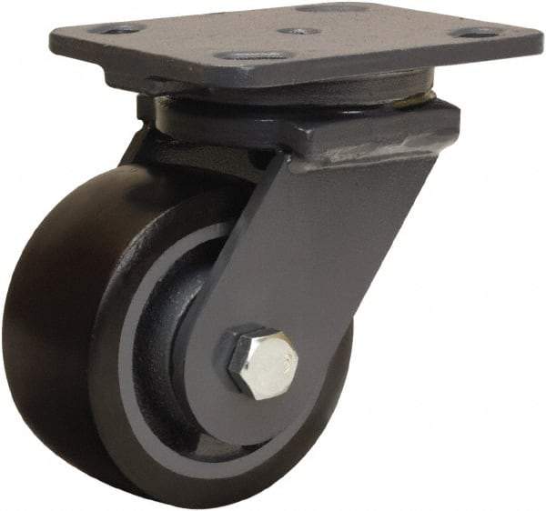 Hamilton - 4" Diam x 2" Wide x 5-5/8" OAH Top Plate Mount Swivel Caster - Polyurethane Mold onto Cast Iron Center, 975 Lb Capacity, Sealed Precision Ball Bearing, 4 x 5" Plate - Benchmark Tooling