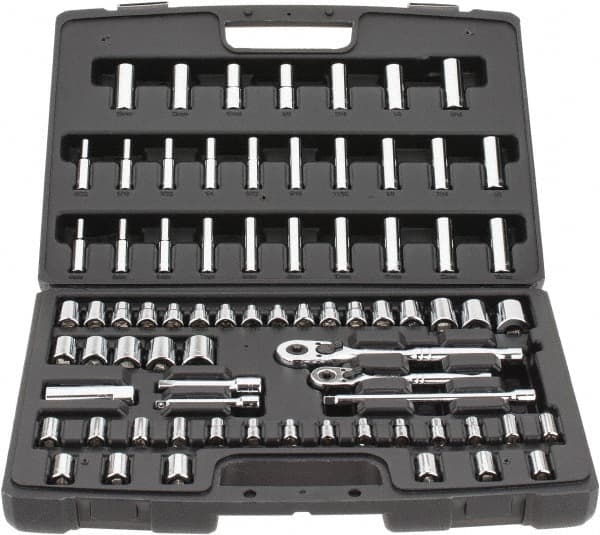 Stanley - 75 Piece 1/4 & 3/8" Drive Standard Deep Socket Set - 3/16 to 13/16", 4 to 19mm, Inch/Metric Measurement Standard - Benchmark Tooling