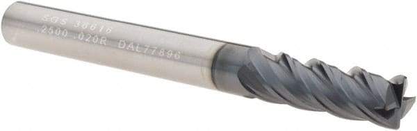 SGS - 1/4", 4 Flute, Single End, Solid Carbide, 0.0150 - 0.0200" Corner Radius End Mill - 2-1/2" OAL, Right Hand Flute, 3/4" LOC, Right Hand Cut - Benchmark Tooling