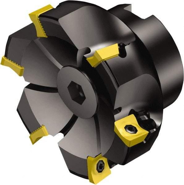 Sandvik Coromant - 6 Inserts, 4" Cut Diam, 1-1/2" Arbor Diam, 11mm Max Depth of Cut, Indexable Square-Shoulder Face Mill - 90° Lead Angle, 63mm High, R590-1105.. Insert Compatibility, Through Coolant, Series CoroMill Century - Benchmark Tooling