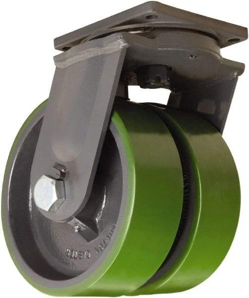Hamilton - 12" Diam x 4" Wide x 15-1/2" OAH Top Plate Mount Dual Swivel Caster - Polyurethane Mold onto Cast Iron Center, 9,600 Lb Capacity, Tapered Roller Bearing, 8-1/2 x 8-1/2" Plate - Benchmark Tooling