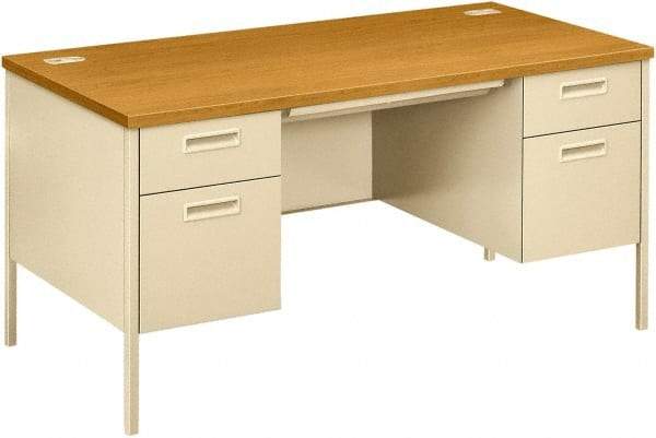 Hon - Laminate Top & Metal Base Double Pedestal Desk with Center Drawer - 60" Wide x 30" Deep x 29-1/2" High, Harvest/Putty - Benchmark Tooling