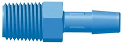 Made in USA - 1/4" Barb, 1/4, Polypropylene Single Barbed Tube Adapter - Blue, Male - Benchmark Tooling