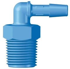 Made in USA - 1/4" Barb, 1/4, HDPE Single Barbed Tube Threaded Elbow - Blue, Male - Benchmark Tooling