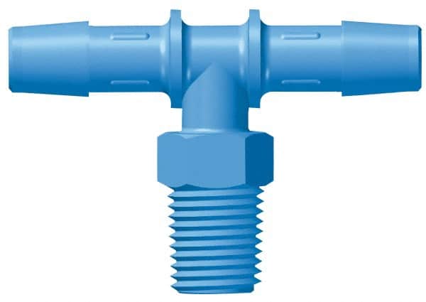 Made in USA - 1/2" Barb, 1/2, HDPE Single Barbed Tube Threaded Tee - Blue, Male - Benchmark Tooling