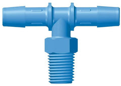 Made in USA - 1/2" Barb, 1/2, HDPE Single Barbed Tube Threaded Tee - Blue, Male - Benchmark Tooling