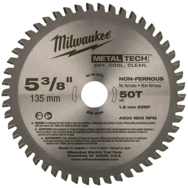 Milwaukee Tool - 5-3/8" Diam, 20mm Arbor Hole Diam, 50 Tooth Wet & Dry Cut Saw Blade - Carbide-Tipped, Standard Round Arbor - Benchmark Tooling