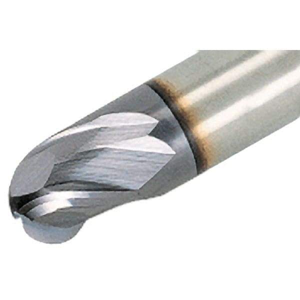 Iscar - 4mm Diam, 7mm LOC, 3 Flute Solid Carbide Ball End Mill - TiAlN Finish, Single End, 57mm OAL, 6mm Shank Diam, Spiral Flute - Benchmark Tooling