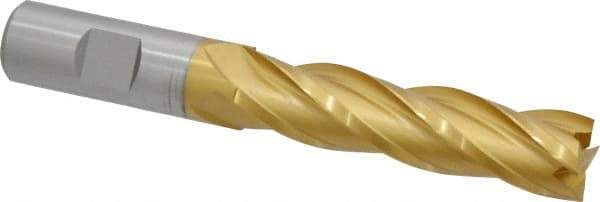 Hertel - 3/4", 3" LOC, 3/4" Shank Diam, 5-1/4" OAL, 4 Flute, Cobalt Square End Mill - Single End, TiN Finish, Spiral Flute, 30° Helix, Centercutting, Right Hand Cut, Right Hand Flute - Benchmark Tooling