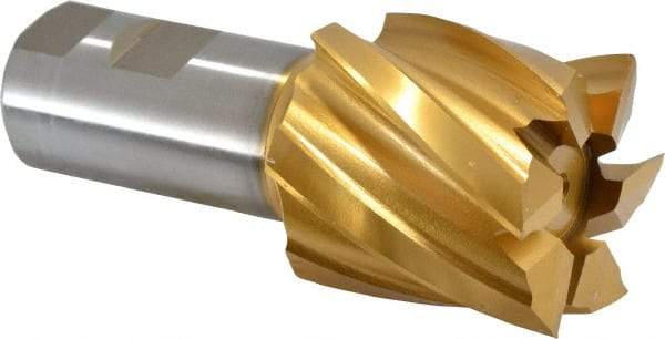 Hertel - 2", 2" LOC, 1-1/4" Shank Diam, 4-1/2" OAL, 6 Flute, High Speed Steel Square End Mill - Single End, TiN Finish, Spiral Flute, 30° Helix, Right Hand Cut, Right Hand Flute - Benchmark Tooling