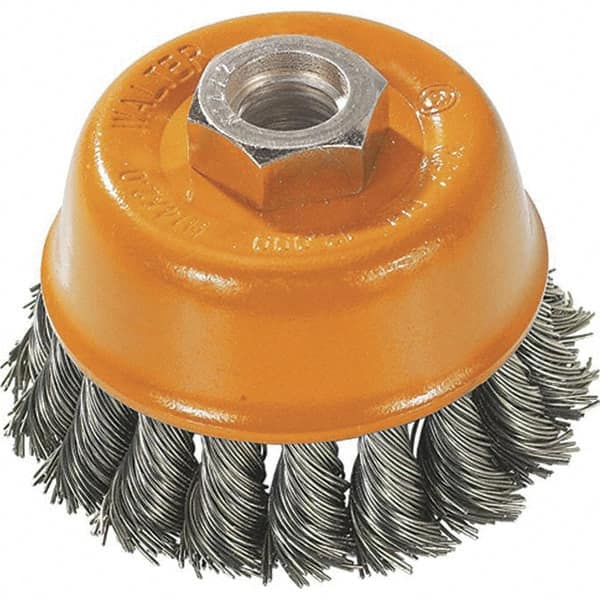 WALTER Surface Technologies - 3" Diam, 5/8-11 Threaded Arbor, Steel Fill Cup Brush - 0.02 Wire Diam, 12,000 Max RPM - Benchmark Tooling