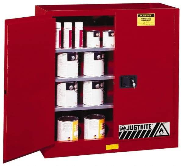 Justrite - 2 Door, 3 Shelf, Red Steel Standard Safety Cabinet for Flammable and Combustible Liquids - 44" High x 43" Wide x 18" Deep, Manual Closing Door, 3 Point Key Lock, 40 Gal Capacity - Benchmark Tooling