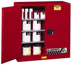 Justrite - 2 Door, 3 Shelf, Red Steel Standard Safety Cabinet for Flammable and Combustible Liquids - 44" High x 43" Wide x 18" Deep, Manual Closing Door, 3 Point Key Lock, 40 Gal Capacity - Benchmark Tooling