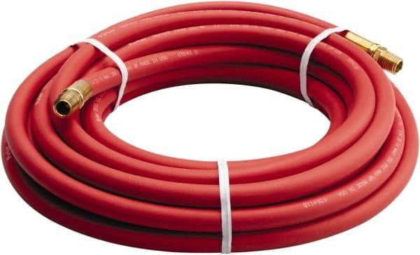 Parker - 3/8" ID x 0.656" OD 25' Long Multipurpose Air Hose - MNPT x MNPT Ends, 200 Working psi, -40 to 212°F, 1/4" Fitting, Red - Benchmark Tooling