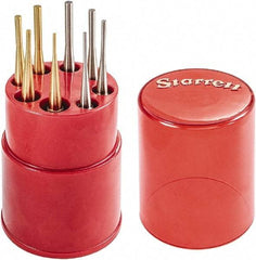 Starrett - 8 Piece, 1/16 to 5/32", Pin Punch Set - Round Shank, Brass & Steel, Comes in Plastic Tube - Benchmark Tooling