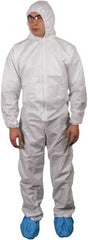 Disposable Coveralls: Size Large, Film Laminate, Zipper Closure White, Elastic with Thumb-loop Cuff, Elastic Ankle, ISO 5 Class