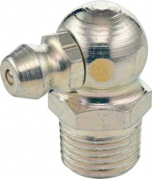 Umeta - 90° Head Angle, 3/8-18 NPT Steel Standard Grease Fitting - 17mm Hex, 20mm Overall Height, 7mm Shank Length, Zinc Plated Finish - Benchmark Tooling