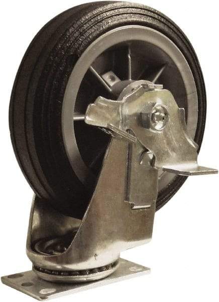 Snap-Loc - 6" Diam x 1-1/4" Wide x 7-1/2" OAH Top Plate Mount Swivel Caster with Brake - Rubber, 375 Lb Capacity, Ball Bearing, 1-3/4 X 2-7/8" Plate, Round Stem - Benchmark Tooling