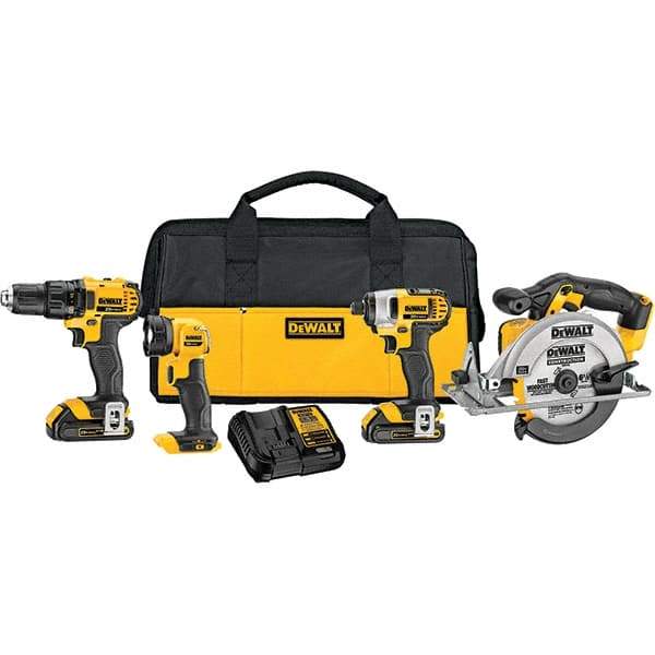 DeWALT - 20 Volt Cordless Tool Combination Kit - Includes 1/2" Drill/Driver, 1/4" Compact Impact Driver, 6-1/2" Circular Saw & Handheld Light, Lithium-Ion Battery Included - Benchmark Tooling