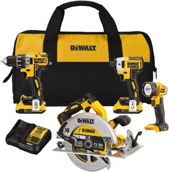 DeWALT - 20 Volt Cordless Tool Combination Kit - Includes 1/2" Drill/Driver, 1/4" Impact Driver, 7-1/4 Circular Saw & LED Worklight, Lithium-Ion Battery Included - Benchmark Tooling