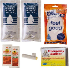 PRO-SAFE - Emergency Preparedness Kits Type: Cool Down Emergency Kit Contents: (2) Emergency Drinking Water Packets; (2) Sunscreen + Insect Repellant Cream; Cooling Towel; Emergency Mylar Blanket; Lip Balm - Benchmark Tooling