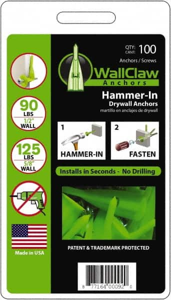 WallClaw Anchors - #8 Screw, 1/2" Diam, 2" Long, 1/4" Thick, Hammer-In Drywall & Hollow Wall Anchor - Nylon, Use with Drywall & Hollow Wall - Benchmark Tooling