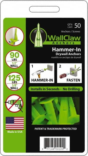 WallClaw Anchors - #8 Screw, 1/2" Diam, 2" Long, 1/4" Thick, Hammer-In Drywall & Hollow Wall Anchor - Nylon, Use with Drywall & Hollow Wall - Benchmark Tooling