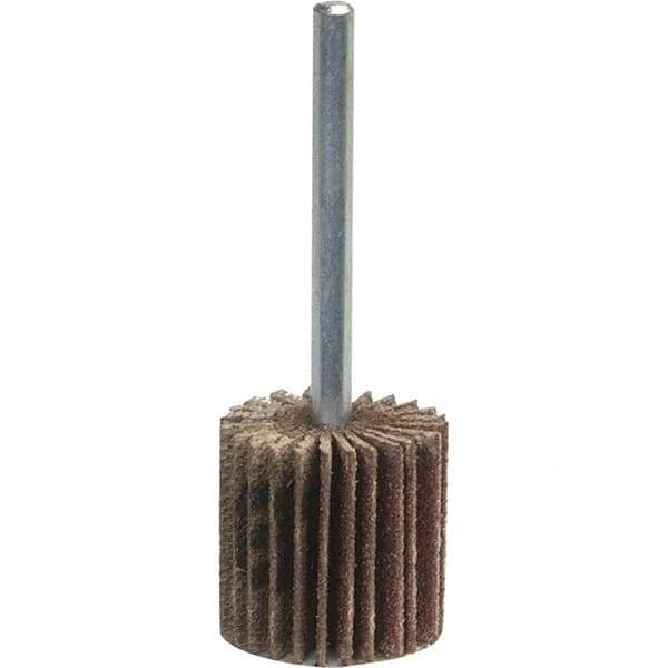 Norton - 1-1/2" Diam x 1-1/2" Face Width, Medium Aluminum Oxide Coated Mounted Flap Wheel - 1/4" Shank Mount, 120 Grit, Y Weighted Cloth Backing, 25,000 Max RPM - Benchmark Tooling