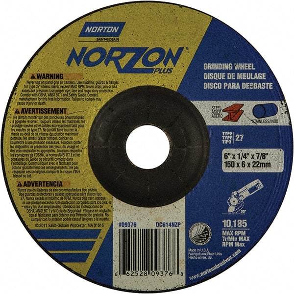 Norton - 20 Grit, 6" Wheel Diam, 1/4" Wheel Thickness, 7/8" Arbor Hole, Type 27 Depressed Center Wheel - Extra Coarse Grade, Ceramic, 10,185 Max RPM - Benchmark Tooling