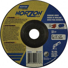 Norton - 20 Grit, 6" Wheel Diam, 1/4" Wheel Thickness, 7/8" Arbor Hole, Type 27 Depressed Center Wheel - Extra Coarse Grade, Ceramic, 10,185 Max RPM - Benchmark Tooling