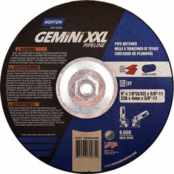 Norton - 30 Grit, 9" Wheel Diam, 1/8" Wheel Thickness, Type 27 Depressed Center Wheel - Extra Coarse Grade, Aluminum Oxide, 6,600 Max RPM - Benchmark Tooling