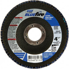 Norton - 24 Grit, 4-1/2" Disc Diam, 7/8" Center Hole, Type 29 Zirconia Alumina Flap Disc - 13,300 Max RPM, Fiberglass Backing, Arbor Attaching System, Coated - Benchmark Tooling