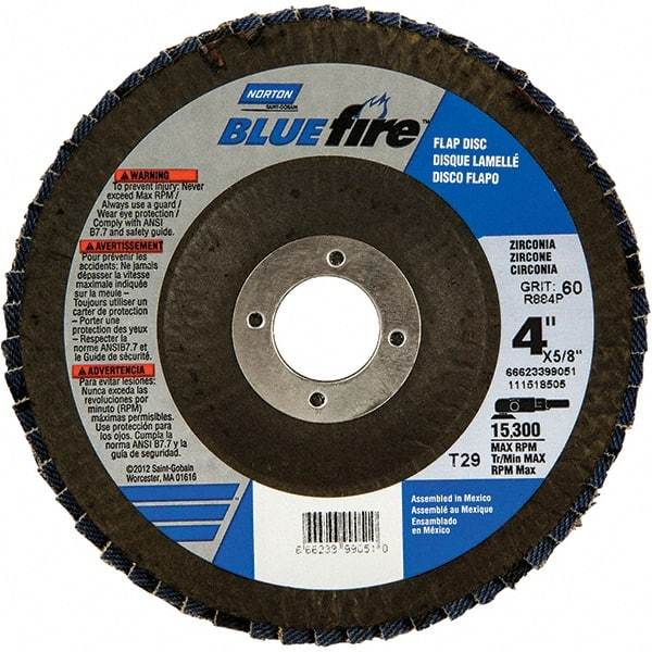 Norton - 80 Grit, 4" Disc Diam, 5/8" Center Hole, Type 29 Zirconia Alumina Flap Disc - 15,300 Max RPM, Fiberglass Backing, Arbor Attaching System, Coated - Benchmark Tooling
