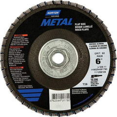 Norton - 60 Grit, 6" Disc Diam, 5/8-11 Center Hole, Type 29 Zirconia Alumina Flap Disc - 10,200 Max RPM, Fiberglass Backing, Arbor Attaching System, Coated - Benchmark Tooling