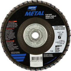 Norton - 80 Grit, 6" Disc Diam, 5/8-11 Center Hole, Type 29 Zirconia Alumina Flap Disc - 10,200 Max RPM, Fiberglass Backing, Arbor Attaching System, Coated - Benchmark Tooling