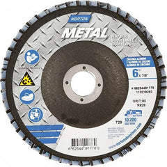 Norton - 80 Grit, 6" Disc Diam, 7/8" Center Hole, Type 29 Zirconia Alumina Flap Disc - 10,200 Max RPM, Fiberglass Backing, Arbor Attaching System, Coated - Benchmark Tooling