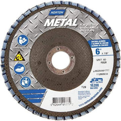 Norton - 60 Grit, 6" Disc Diam, 7/8" Center Hole, Type 29 Zirconia Alumina Flap Disc - 10,200 Max RPM, Fiberglass Backing, Arbor Attaching System, Coated - Benchmark Tooling
