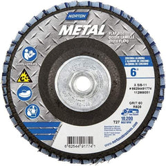 Norton - 60 Grit, 6" Disc Diam, 5/8-11 Center Hole, Type 27 Zirconia Alumina Flap Disc - 10,200 Max RPM, Fiberglass Backing, Arbor Attaching System, Coated - Benchmark Tooling