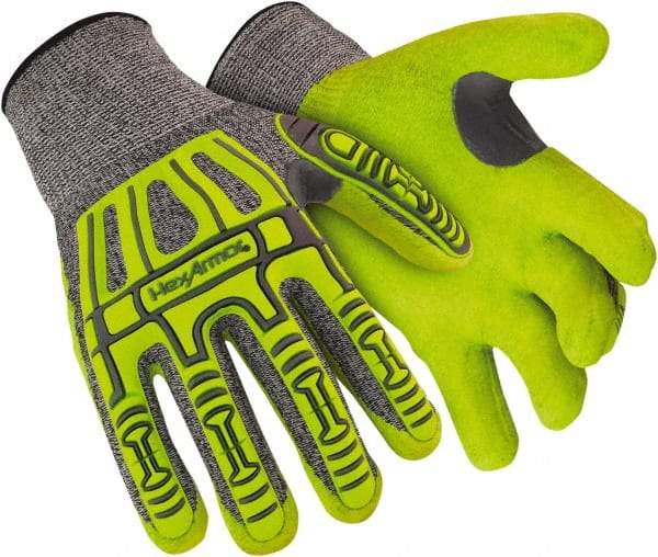 HexArmor - Size 2XL (11), ANSI Cut Level A4, Puncture Level 5, Abrasion Level 4, Polyethylene Cut & Puncture Resistant Gloves - Palm Coated, Polyethylene, Elastic Knit Cuffs, High Visibility Yellow/Gray, Paired - Benchmark Tooling