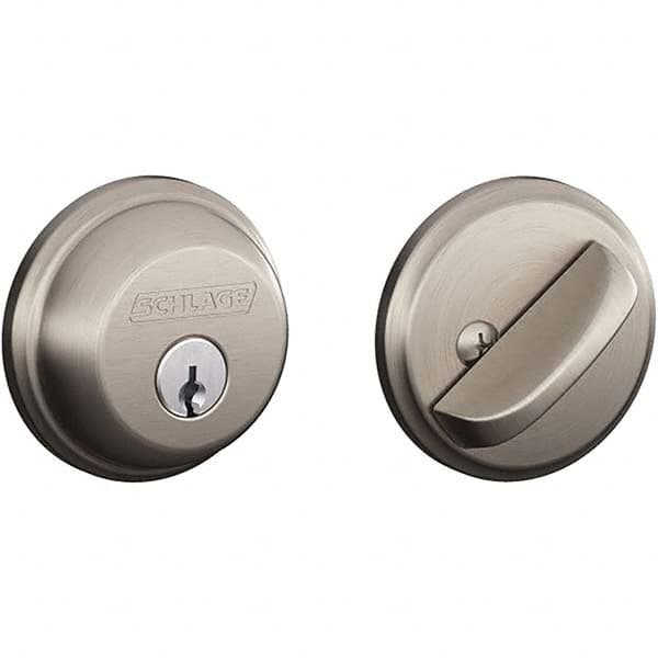 Schlage - 1-5/8 to 1-3/4" Door Thickness, Satin Stainless Steel Finish, Single Cylinder Deadbolt - Exact Industrial Supply