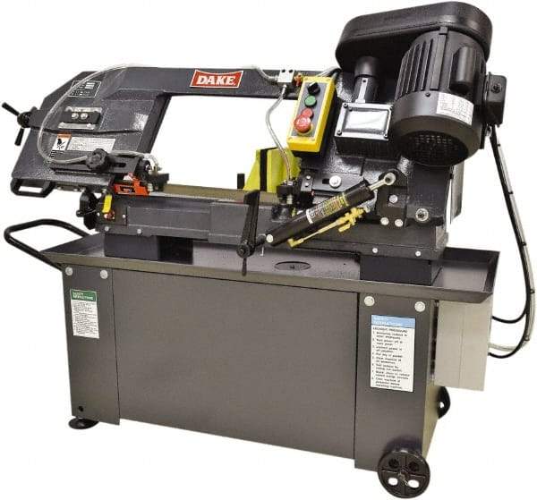 Dake - 9 x 12" Max Capacity, Manual Step Pulley Horizontal Bandsaw - 98 to 328 SFPM Blade Speed, 110 Volts, 45°, 1 hp, 1 Phase - Benchmark Tooling